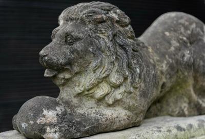 English Cast Stone Recumbent Lion on Stepped Plinth