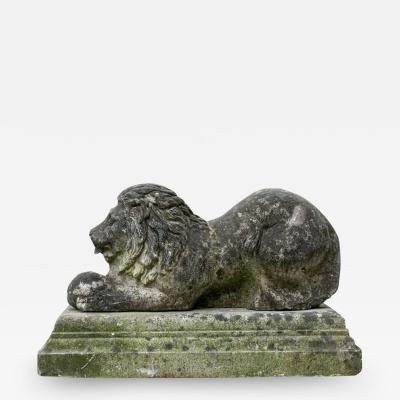 English Cast Stone Recumbent Lion on Stepped Plinth