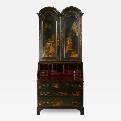 English Chinoiserie Black and Gold Tall Secretary Slant Front Desk
