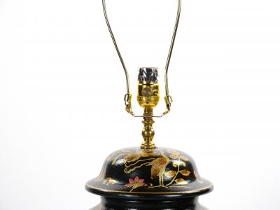 English Chinoiserie Style Black Lacquered Porcelain Gilt Wood Table Lamp