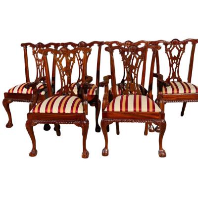 English Chippendale Style Carved Mahogany Ball Claw Dining Chairs Set of 8