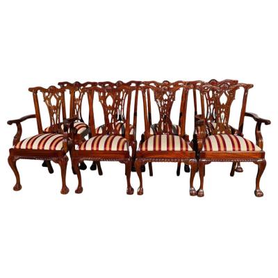 English Chippendale Style Carved Mahogany Ball Claw Dining Chairs Set of 8