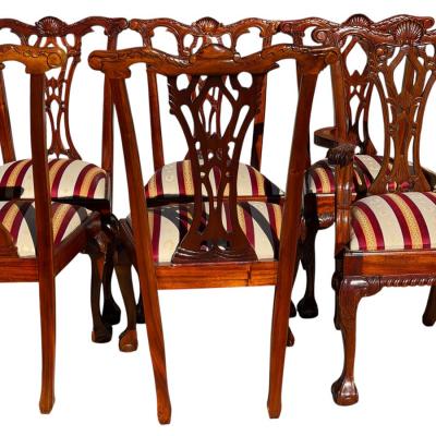 English Chippendale Style Carved Mahogany Ball Claw Dining Chairs Set of 8