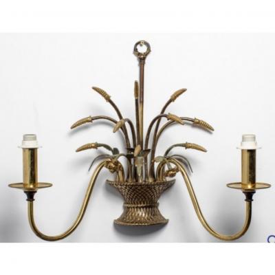 English Country Flower Basket Brass Two Light Sconces