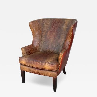 English Crocodile Embossed Leather Wingback Arm Chair 1 of 2