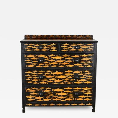 English Ebonized Fish Motif Decoupage Chest