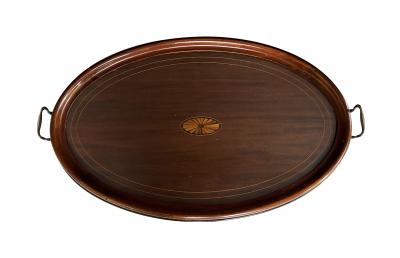 English Edwardian Mahogany Inlaid Serving Butlers Tray with Shell Motif