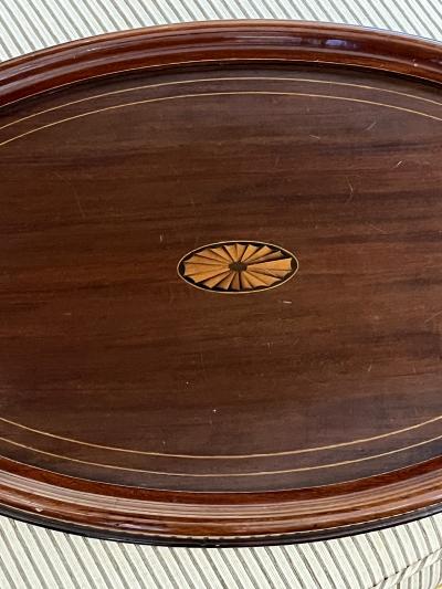 English Edwardian Mahogany Inlaid Serving Butlers Tray with Shell Motif