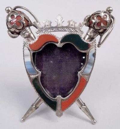 English Edwardian Sterling Silver Agate Armorial Picture Frame