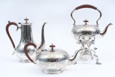 English Five Piece Silver Plate Tea or Coffee Service with Wood Handle 