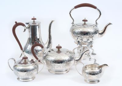 English Five Piece Silver Plate Tea or Coffee Service with Wood Handle 