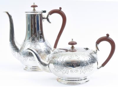 English Five Piece Silver Plate Tea or Coffee Service with Wood Handle 