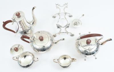 English Five Piece Silver Plate Tea or Coffee Service with Wood Handle 
