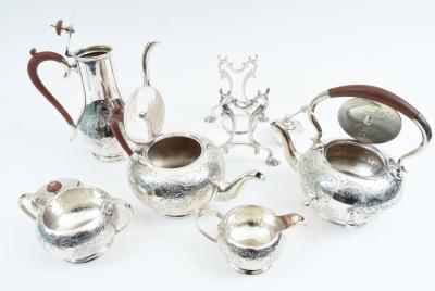 English Five Piece Silver Plate Tea or Coffee Service with Wood Handle 