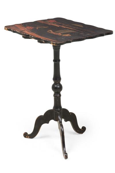 English George III Japanned Pastoral Scene Tilt Top End Side Table
