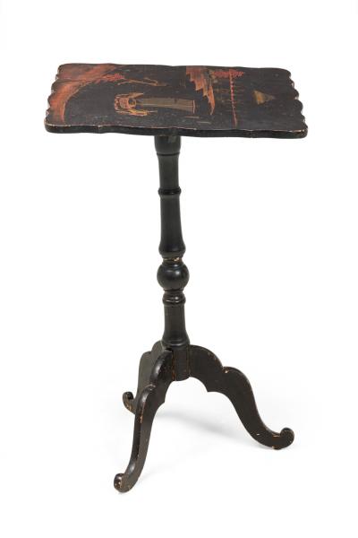 English George III Japanned Pastoral Scene Tilt Top End Side Table