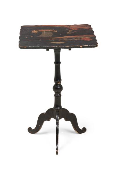 English George III Japanned Pastoral Scene Tilt Top End Side Table