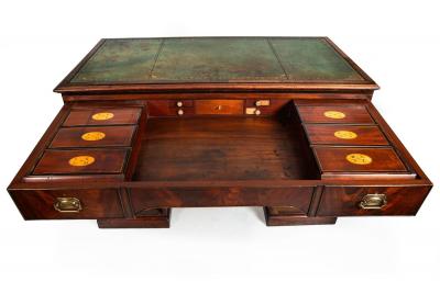 English George III Mahogany Leather Pedestal Rent Writing Desk ca 1800