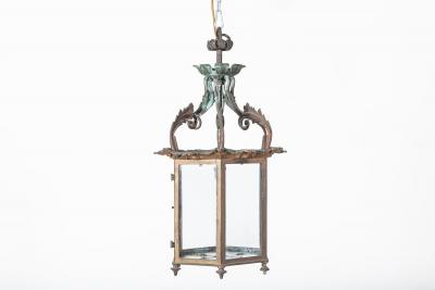 English Georgian Hexagonal Glazed Verdigris Lantern