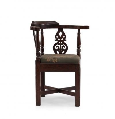 English Georgian Style Filigree Oak and Needlepoint Corner Armchair