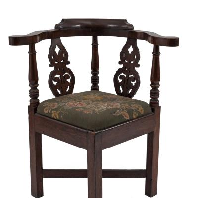 English Georgian Style Filigree Oak and Needlepoint Corner Armchair
