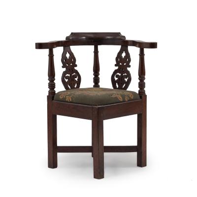 English Georgian Style Filigree Oak and Needlepoint Corner Armchair