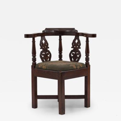 English Georgian Style Filigree Oak and Needlepoint Corner Armchair