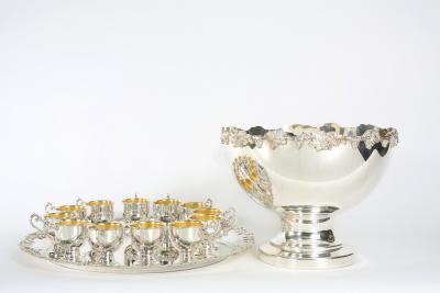 English Georgian Style Silver Plated Copper 15 Piece Punch Bowl Service
