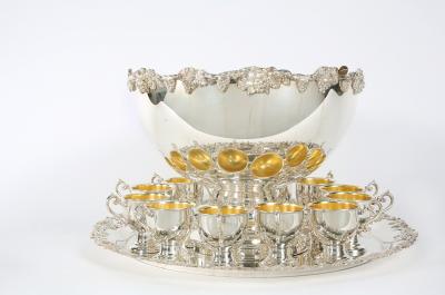 English Georgian Style Silver Plated Copper 15 Piece Punch Bowl Service