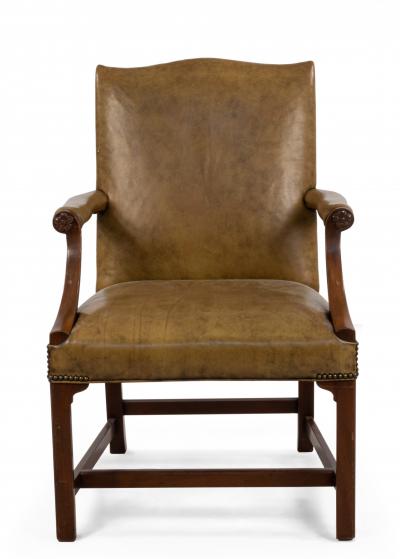 English Georgian Style Tan Leather Arm Chair with Brass Rivets