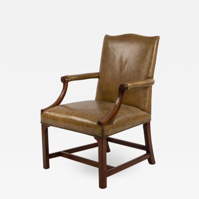 English Georgian Style Tan Leather Arm Chair with Brass Rivets