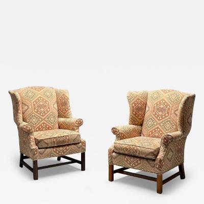 English Georgian Style Wingback Chairs Pink Aztec Print Tapestry Fabric