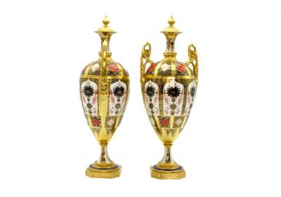 English Gilt Painted Royal Crown Derby Vases Urns