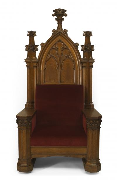 English Gothic Revival Red Velvet Throne Chair