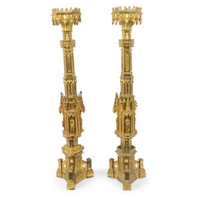 English Gothic Style Bronze Dore Altar Candlesticks