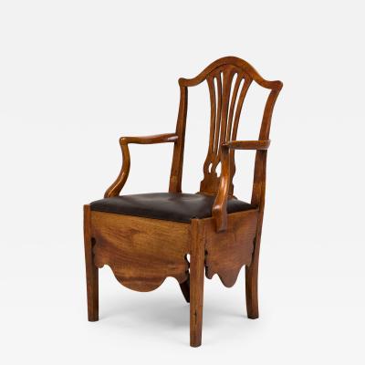 English Hepplewhite Elm Wood Leather Seat Commode Armchair