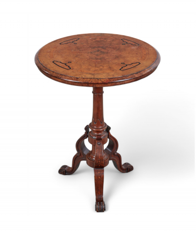 English Inlaid Burl Walnut Circular Occasional Side Tripod Table