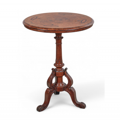 English Inlaid Burl Walnut Circular Occasional Side Tripod Table