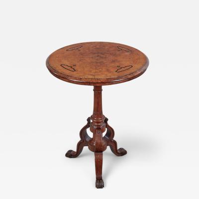 English Inlaid Burl Walnut Circular Occasional Side Tripod Table