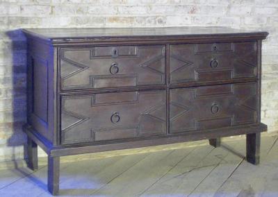 English Jacobean 17th Century Oak Four Drawer Commode of Rare Form