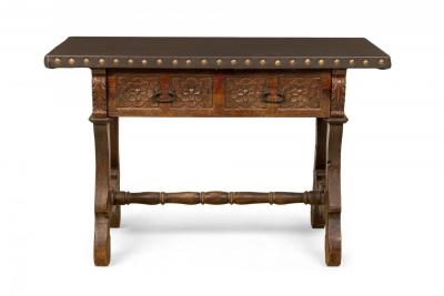 English Jacobean Style Carved Mahogany Leather Top Console Table
