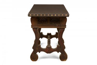English Jacobean Style Carved Mahogany Leather Top Console Table