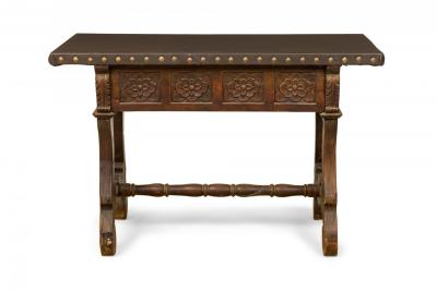 English Jacobean Style Carved Mahogany Leather Top Console Table