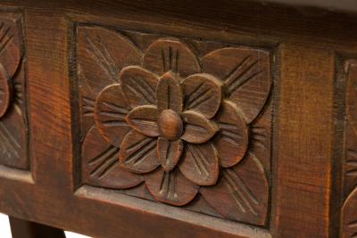 English Jacobean Style Carved Mahogany Leather Top Console Table