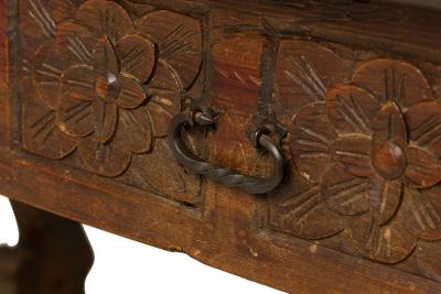 English Jacobean Style Carved Mahogany Leather Top Console Table