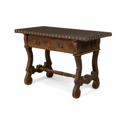 English Jacobean Style Carved Mahogany Leather Top Console Table