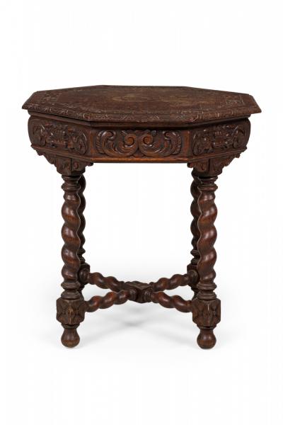 English Jacobean Style Carved Spiral Turned Leg Octagonal Occasional Side Tabl