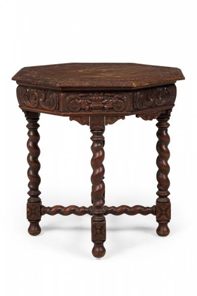 English Jacobean Style Carved Spiral Turned Leg Octagonal Occasional Side Tabl