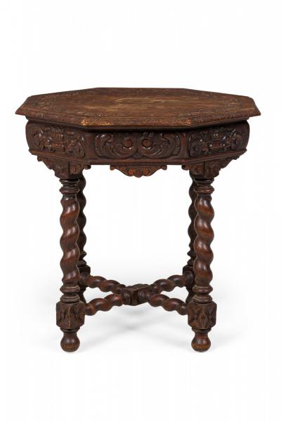 English Jacobean Style Carved Spiral Turned Leg Octagonal Occasional Side Tabl