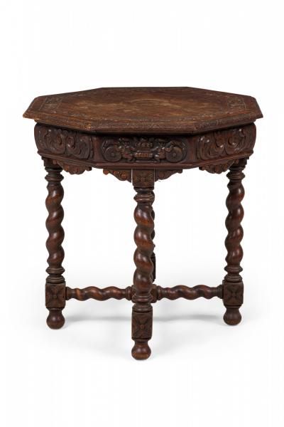 English Jacobean Style Carved Spiral Turned Leg Octagonal Occasional Side Tabl